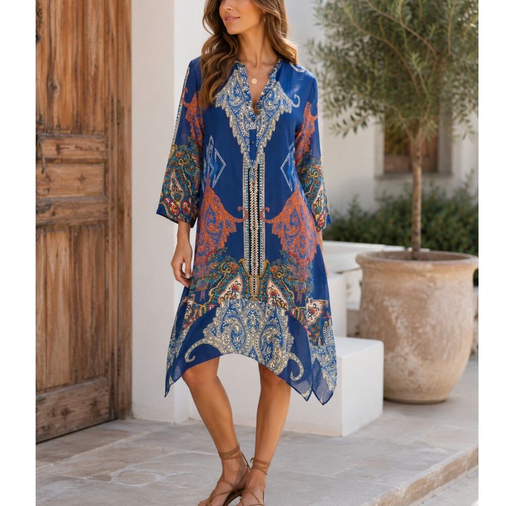 Johnny Was Paisley Floral Dress Blue Asymmetrical Hem Button Front XS Resort